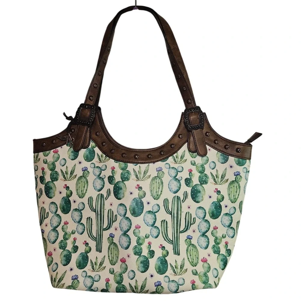 Angel Ranch Cactus Print Tote Bag Brown Faux Leather‎ Studded Western Shoulder